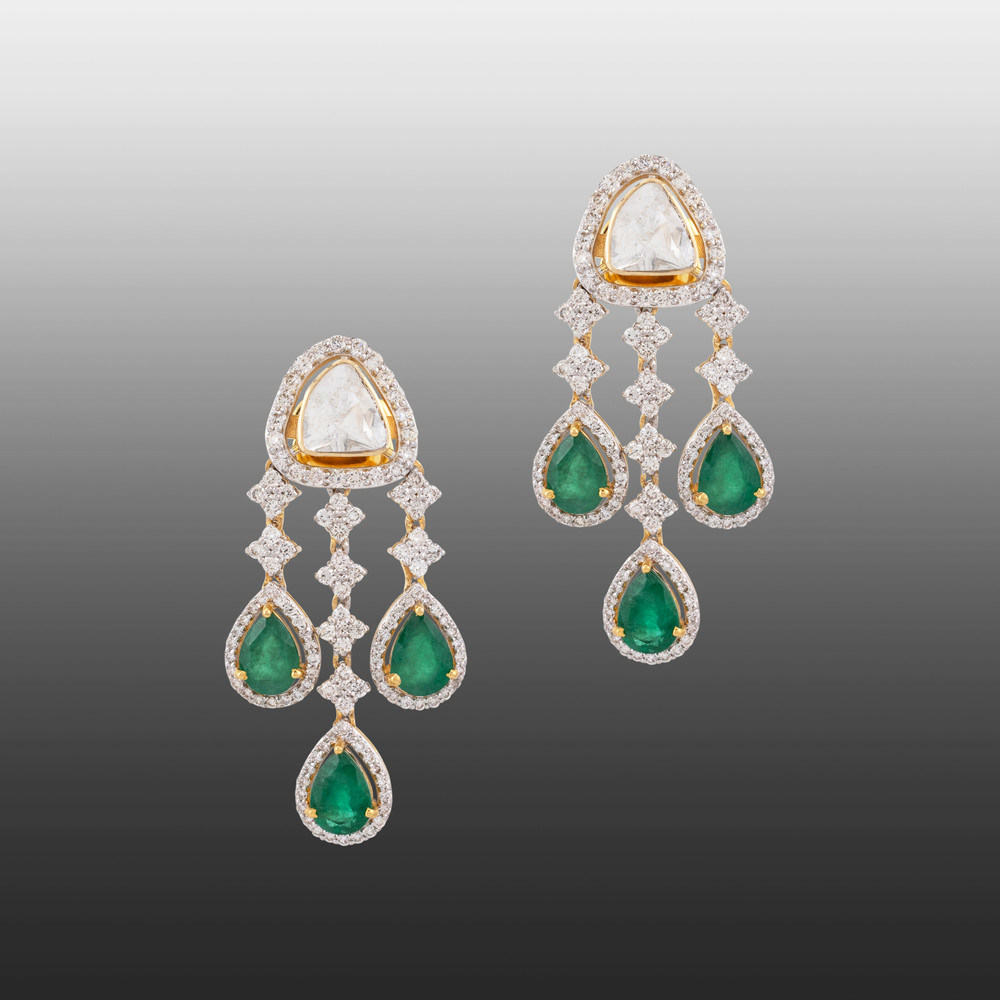 Polki and Zambian Emerald Drop Earrings with Diamond Accents
